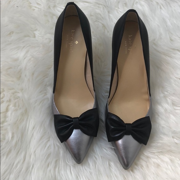 kate spade Shoes - Kate Spade Metallic Grey and Black Bow Heels